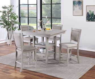 Dining Room Furniture Counter Height 5pc Set Square Table w Shelves Cushion Chairs Modern Style Rustic Grey