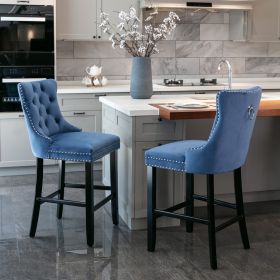 Contemporary Velvet Upholstered Barstools with Button Tufted Decoration and Wooden Legs, and Chrome Nailhead Trim, Leisure Style Bar Chairs,Bar s