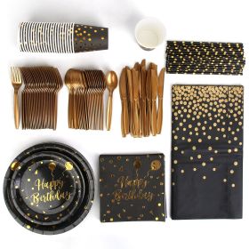 201PCS Black Gold Birthday Party Supplies For 25 Guests Happy Birthday Disposable Dinnerware Set Paper Plates 9OZ Cups Straws Napkins Forks Knive