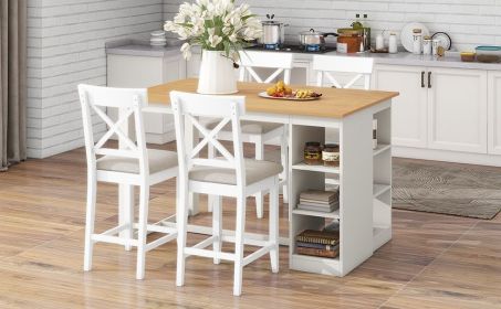 TOPMAX 60"Lx30"W Solid Wood Farmhouse Counter Height Dining Table Set with 3-Tier Storage Shelves, Upholstered Dining Chairs for 4, 5-Piece, Whit