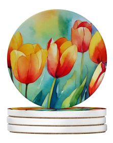 Tulips in Watercolor Large Sandstone Coasters Pack of 4 Absorbent Round Coasters Decor Gifts for Men or Women, 4 in, Multicolor