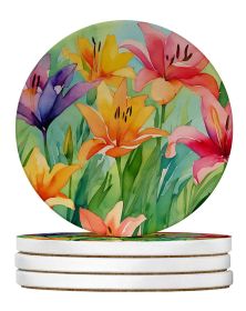 Lilies in Watercolor Large Sandstone Coasters Pack of 4 Absorbent Round Coasters Decor Gifts for Men or Women, 4 in, Multicolor