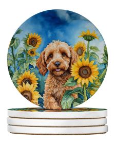 Cockapoo in Sunflowers Large Sandstone Coasters Pack of 4 Absorbent Round Coasters Decor Gifts for Men or Women, 4 in, Multicolor