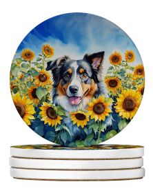 Australian Shepherd in Sunflowers Large Sandstone Coasters Pack of 4 Absorbent Round Coasters Decor Gifts for Men or Women, 4 in, Multicolor