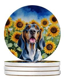 American English Coonhound in Sunflowers Large Sandstone Coasters Pack of 4 Absorbent Round Coasters Decor Gifts for Men or Women, 4 in, Multicol