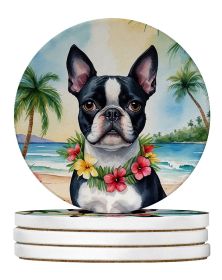 Boston Terrier Luau Large Sandstone Coasters Pack of 4 Absorbent Round Coasters Decor Gifts for Men or Women, 4 in, Multicolor