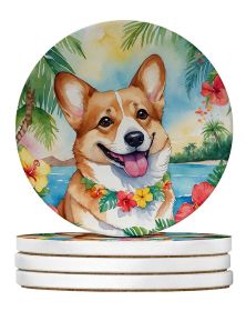 Corgi Luau Large Sandstone Coasters Pack of 4 Absorbent Round Coasters Decor Gifts for Men or Women, 4 in, Multicolor