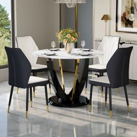 Table and chair set.A 42 Inch Diameter Round Tempered Glass Pandora marble patterned Dining Table - V-Shaped MDF Legs.Paired With 4 White and dar