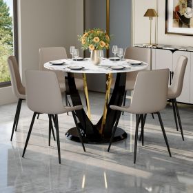 Table and chair set.42 Inch Diameter Round Tempered Glass Pandora marble patterned Dining Table - V-Shaped MDF Legs.Paired With 6 Gray Artificial