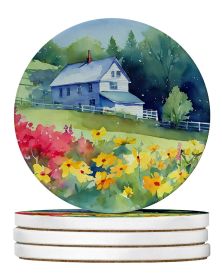 Massachusetts Mayflowers in Watercolor Large Sandstone Coasters Pack of 4 Absorbent Round Coasters Decor Gifts for Men or Women, 4 in, Multicolor