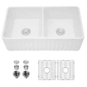 Ceramic White Kitchen Double Basin Farmhouse Sink Rectangular Vessel Sink (Color: White)