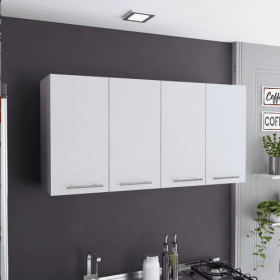 Wall Cabinet Four Doors, With Two Internal Shelves And Internal Plate And Glass Organizer, White (Color: White)