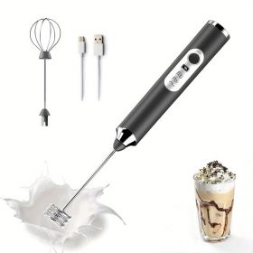 One Set Of Milk Frother Handheld USB-Rechargeable With 2pcs Stainless Whisk Heads; 3-Speed Adjustable Handheld Milk Frother For Cappuccinos; Hot (Color: Black)